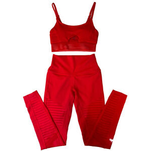 RARE Alo Yoga Bold Red Matching Set Moto Leggings + Mesh Sports Bra Size XS